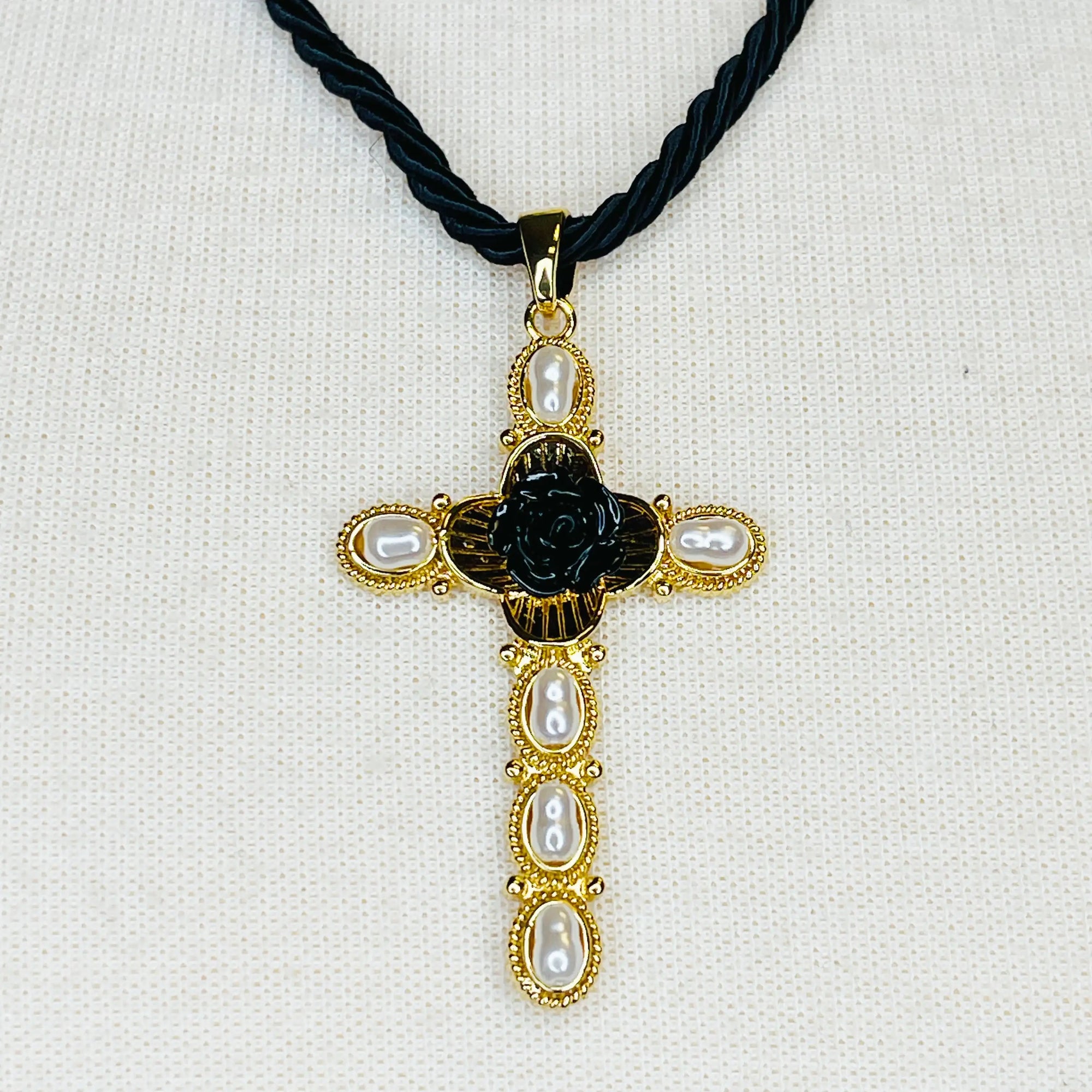 Black Rose Cross Necklace