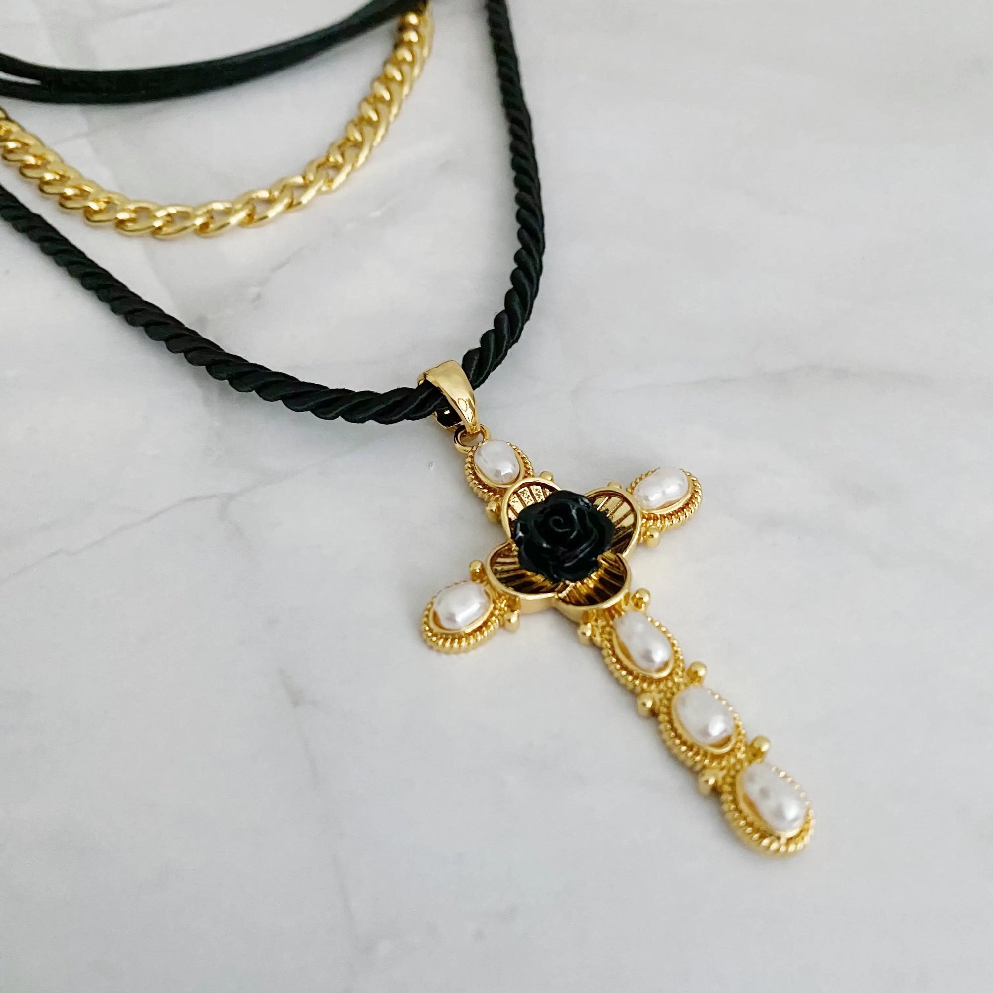 Black Rose Cross Necklace