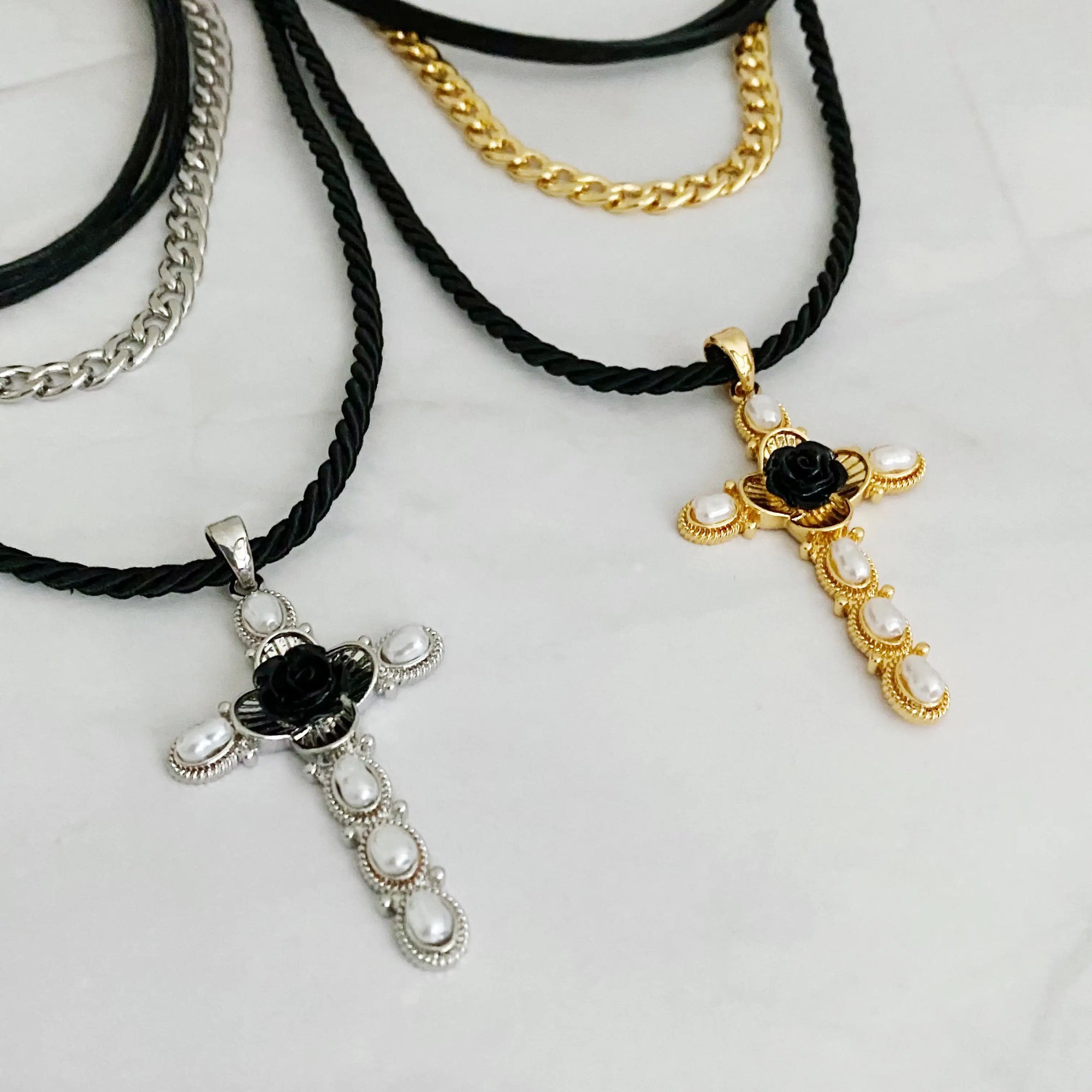 Black Rose Cross Necklace