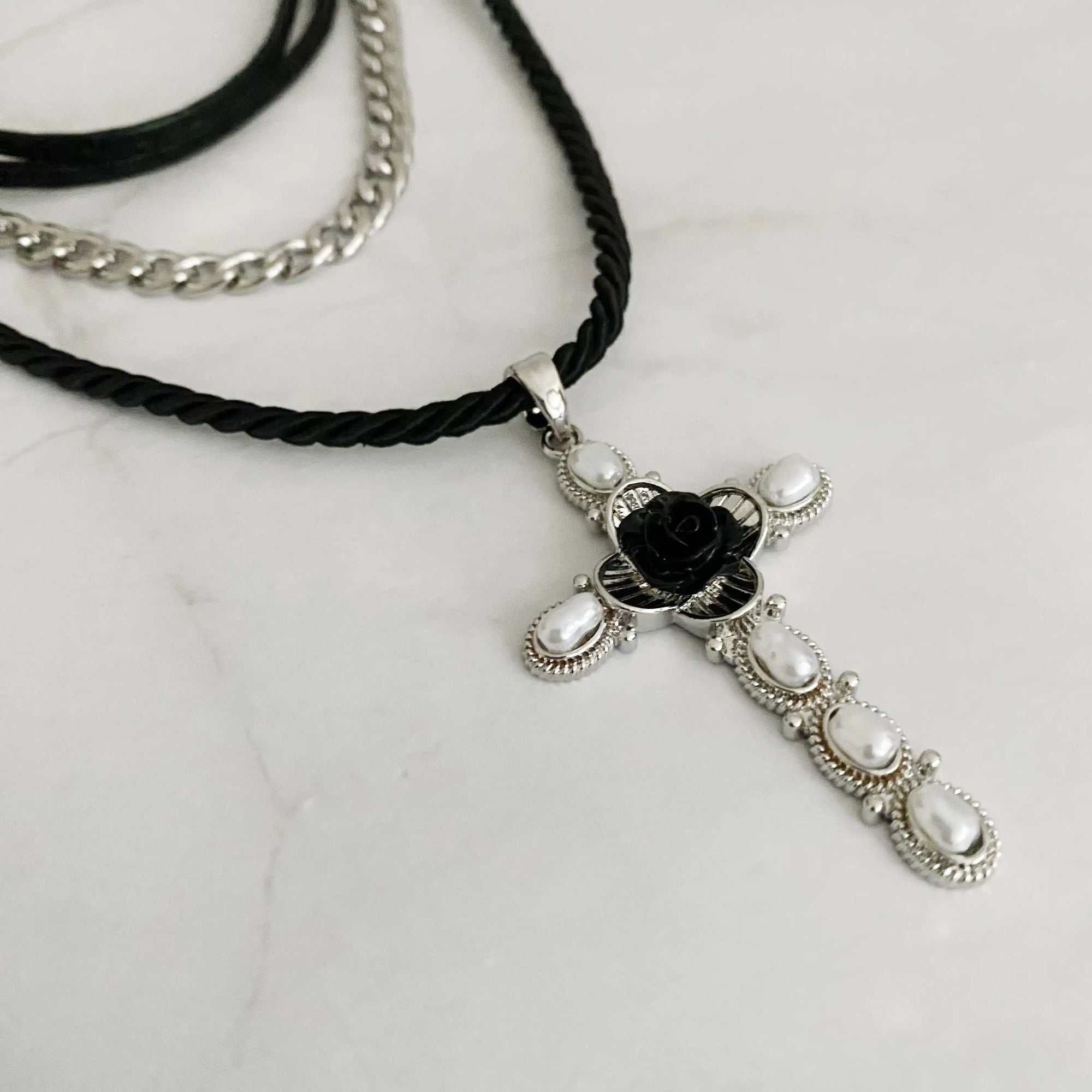 Black Rose Cross Necklace