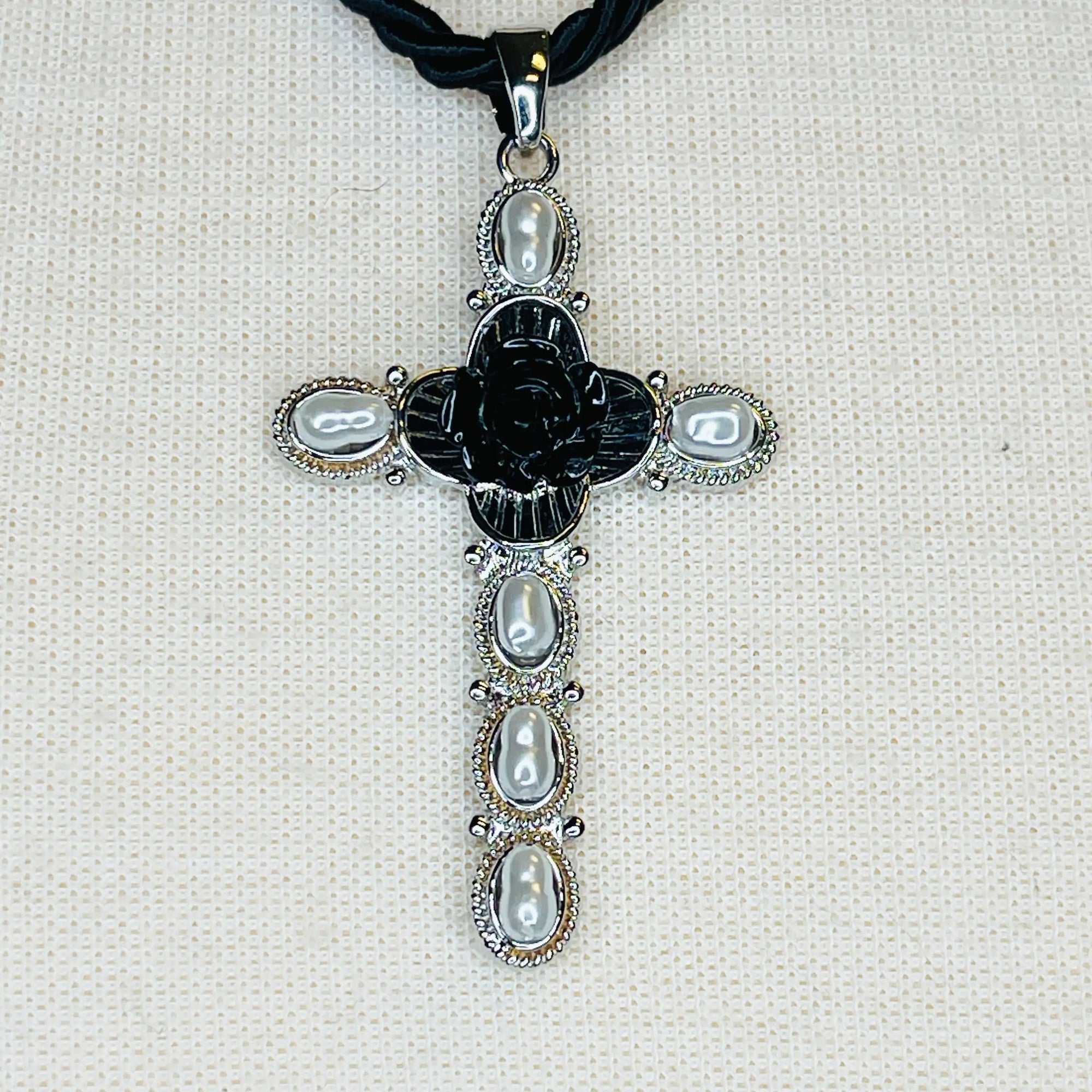 Black Rose Cross Necklace